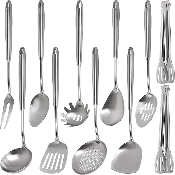 304 Stainless Steel Kitchen Utensils Set, 11PCS All Metal Cooking Tools Set with Tongs, Turner, Ladle, Skimmer & Serving Spoon, 15" Long Handle Dishwasher Safe Kitchen Utensil Starter Set by Toqraft