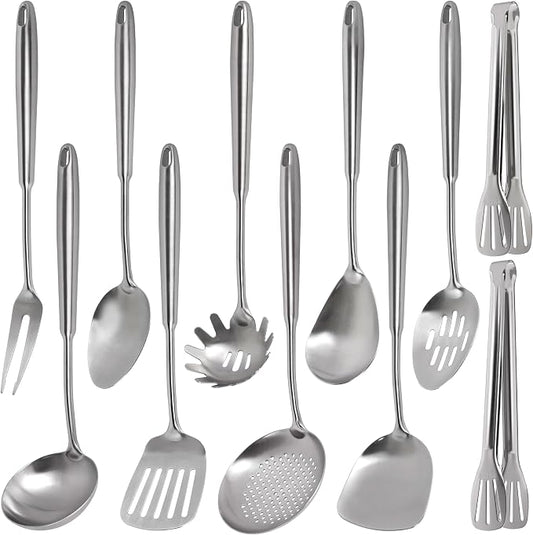 304 Stainless Steel Kitchen Utensils Set, 11PCS All Metal Cooking Tools Set with Tongs, Turner, Ladle, Skimmer & Serving Spoon, 15" Long Handle Dishwasher Safe Kitchen Utensil Starter Set by Toqraft