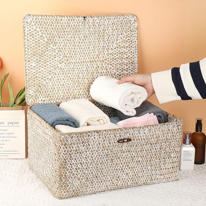 Hipiwe Wicker Woven Baskets Bin with Lid Seagrass Storage Basket, X-Large | Natural Decorative Baskets Rectangular Household Basket for Shelf Wardrobe Home Decor, Whitewash - Image 5
