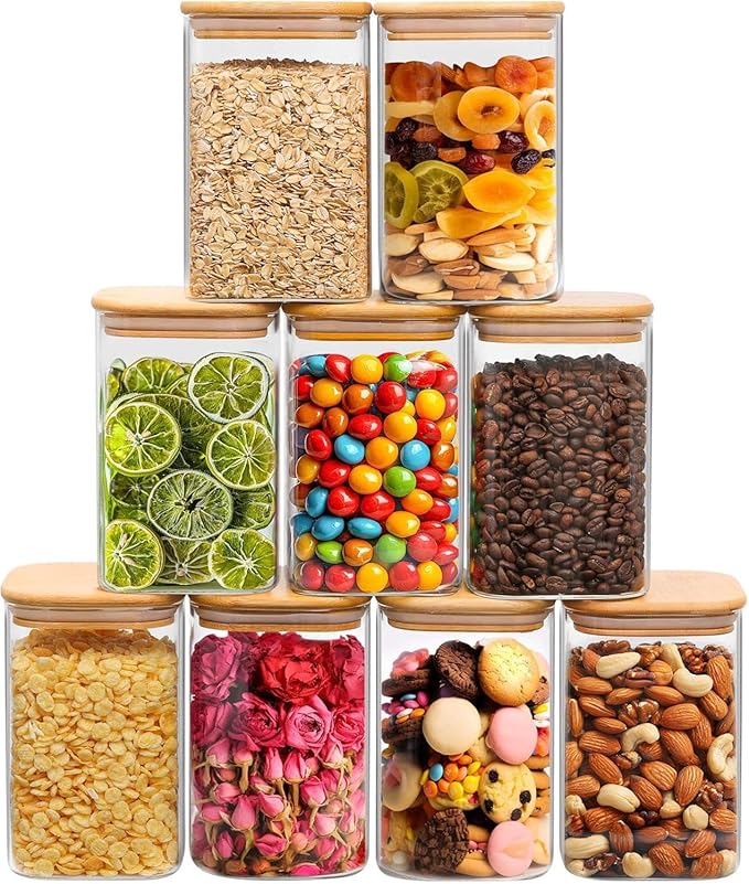ComSaf Square Glass Containers With Lids 1.2 Qt, Set of 9 Pantry Galss Jars | Food Storage Jar, Kitchen Canisters, Storage Container, Bamboo Lid with Silicone Seal, Cookie, Flour, Spice, Coffee, BPA Free by ComSaf