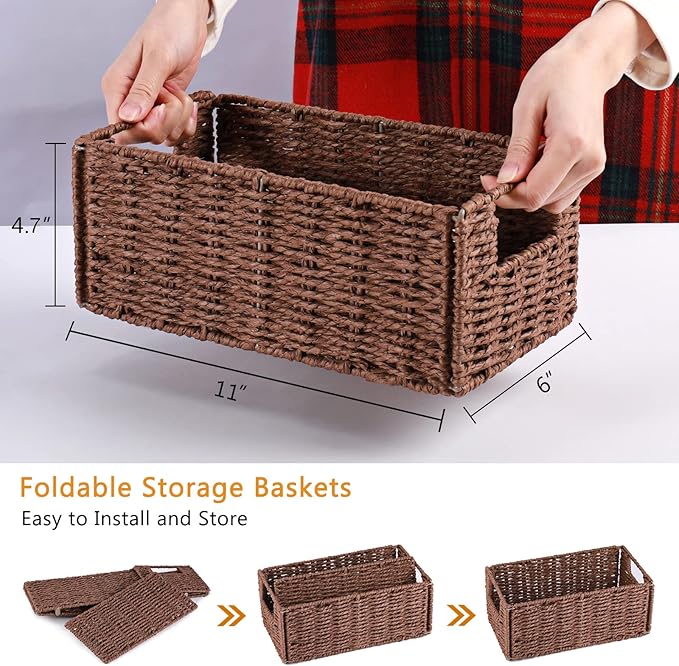 Wicker Baskets for Storage, Set of 5 Hand-Woven Wicker Storage Baskets for Shelves, Cube Storage Baskets Bins with Handles, Wicker Basket for Organizing Pantry Bedroom, Brown - Image 9