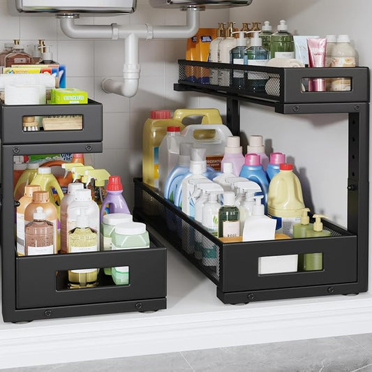 2 Pack 20.47IN Depth Under Sink Storage Organizer, Large 2-Tier Elegant Mesh Pull Out Shelf for Kitchen and Bathroom Cabinet Organization, L-Shaped and Adjustable Height Design-Black by UnderSinkOrganizer