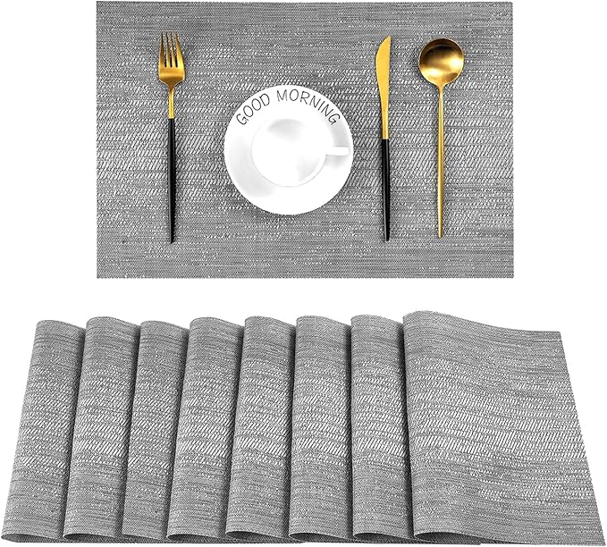 Leetaltree Grey Placemats, Heat Resistant Non-Slip Place mats for Dining Table, Washable Durable PVC Vinyl Woven Table Mats (Set of 8) by Leetaltree-ArtatEveryTable