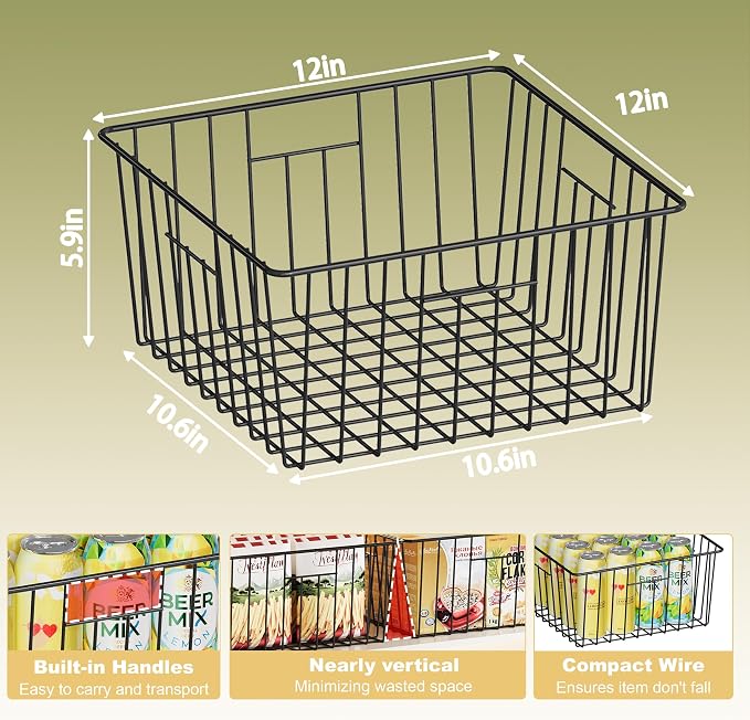 X-cosrack Metal Wire Baskets for Pantry Organization and Storage Freezer Organizer Bins with Handles 4 Pack-12"x12"x6" Extra Large Mesh Bin for Pantry Kitchen Laundry Closet Garage Patent Design - Image 6
