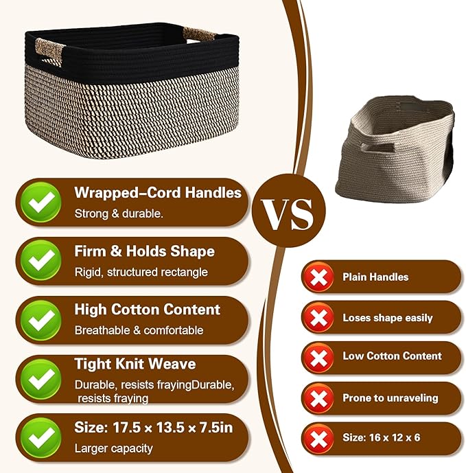 3 Pack Large Storage Basket for Organizing, 17.5"x13"x7" Woven Basket for Shelves, Closet Cube Storage Bins with Wrapped Handle, Cotton Rope Baskets for Kitchen, Clothes, Toys(Black & Brown) - Image 5