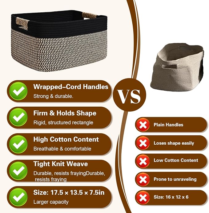 2 Pack Large Storage Basket for Organizing, 17.5"x13"x7" Woven Basket for Shelves, Closet Cube Storage Bins with Wrapped Handle, Cotton Rope Baskets for Kitchen, Clothes, Toys(Black & Brown) - Image 5