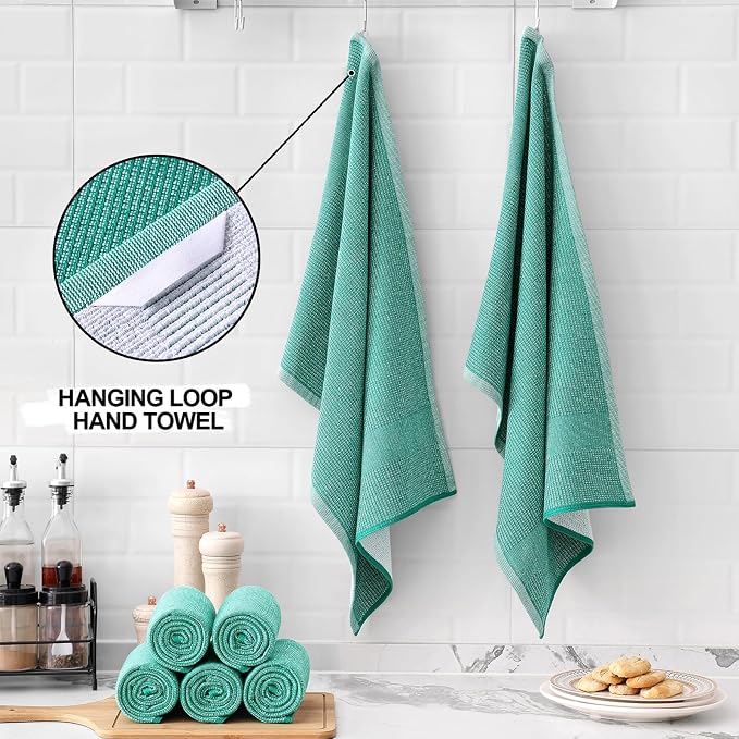 Homaxy 380 GSM Cotton Premium Kitchen Towels 6 Pack, 18"x 28", Green | Flat and Terry Dish Towels, Highly Absorbent Tea Towel Set with Hanging Loop, Soft Utility Kitchen Hand Towels - Image 3