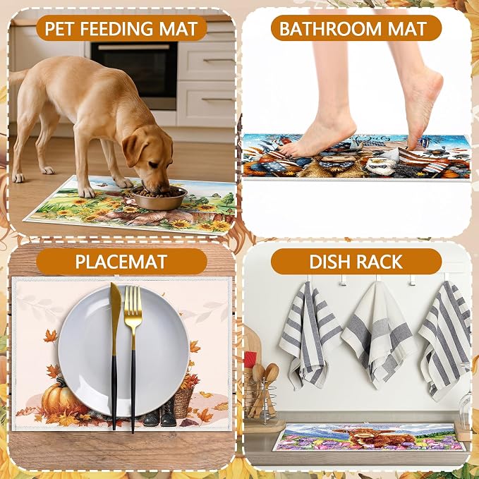 12 Pcs Seasonal Dish Drying Mats for Kitchen 24"x 16" Holiday Microfiber Absorbent Washable Drainer Mat Bulk for Counter Gift Patriotic Summer Home Accessories Decoration(Highland Cow) - Image 3