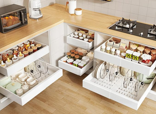 Seinloes 6 Pack Pull out Cabinet Organizer 21"Deep with Raising Pad for Framed Cabinets, Expandable Slide out Drawers for Kitchen Cabinets with 6pcs Divider Racks, Roll out Shelves 12.1"-20.4" W White by Seinloes