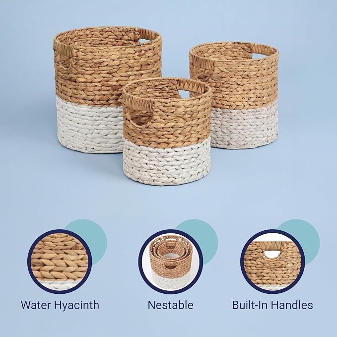 happimess Avery 3-Piece Cylinder Nesting Baskets 13", White/Natural | Hyacinth, Bohemian Cottage Style, Handwoven Wicker, Iron Metal Frame, Decorative Storage For Toys And Books, Built In Handles - Image 6