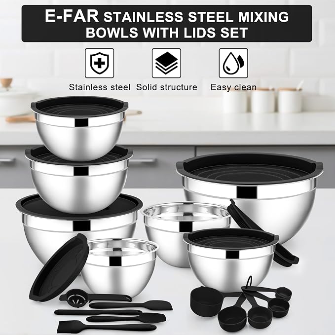 E-far Mixing Bowls with Lids Set, 21PCS Stainless Steel Salad Mixing Bowls with 3 Grater Attachments, Size 7, 4.6, 3.5, 2.6, 2, 1.5, 1QT, Nesting Design & Black Airtight Lid, For Baking/Prepping - Image 7
