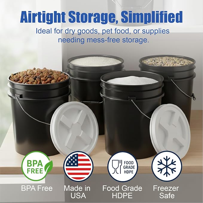 5 Gallon Bucket - Food Grade w/Lid BPA-Free, Black/White, 6 | Airtight Gamma Seal Screw-On Lid, Heavy-Duty 90 Mil HDPE Plastic, Food Safe and Durable Container, Bulk Storage, Made in USA - Image 2