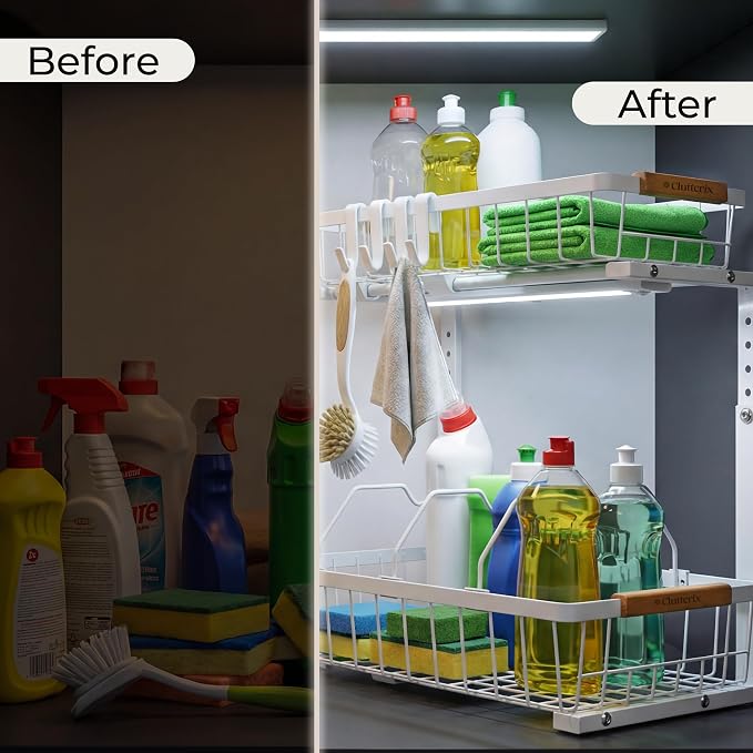 Under Sink Organizer with Motion-Activated LED Lights, 2 Pack, 2 Tier Sliding L-Shaped Carbon Steel Rack with Adjustable Height, Dividers & Hooks (White) - Image 2
