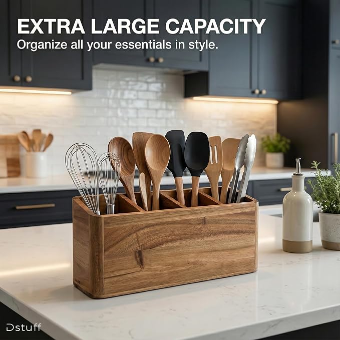 Dstuff Large Kitchen Utensil Holder Organizer for Counter or Countertop, Wooden Storage Container for Cooking and Silverware, Acacia Rustic Wood (4 Compartments) - Image 4