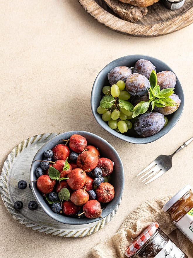 Gomakren Ceramic Berry Basket Set of 2, Elegant Fruit Bowl with Holes for Kitchen Counter, 6 Inch, Berries, Strawberry, Grape, Cherry, Floral Shape, Slate Blue, Dishwasher Safe - Image 8