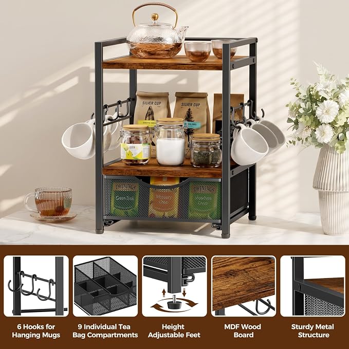 Plaviya 3-Tier Tea Bag Organizer with Drawer for Countertop | Tea Bag Holder and Storage, 9 Compartments, 6 Hooks for Cup, Utility Tea Box, Office, Kitchen, Rustic Brown - Image 5