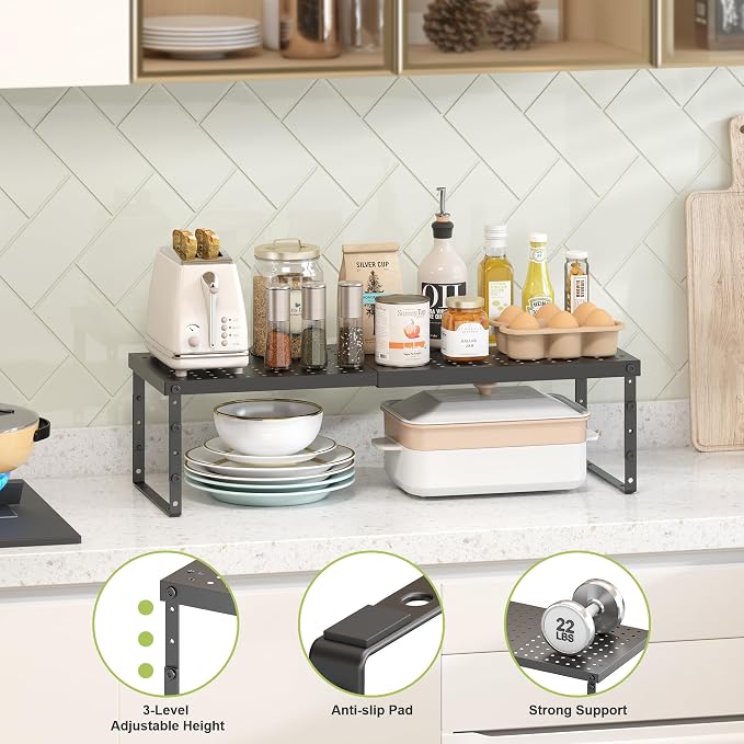 RUILALIFE Expandable Cabinet Organizer Shelf With Adjustable Height, Stackable Kitchen Countertop Organizer Rack, Adjustable Shelf Riser For Kitchen Counter, Pantry, Cupboard, Desk, Tabletop - Image 5