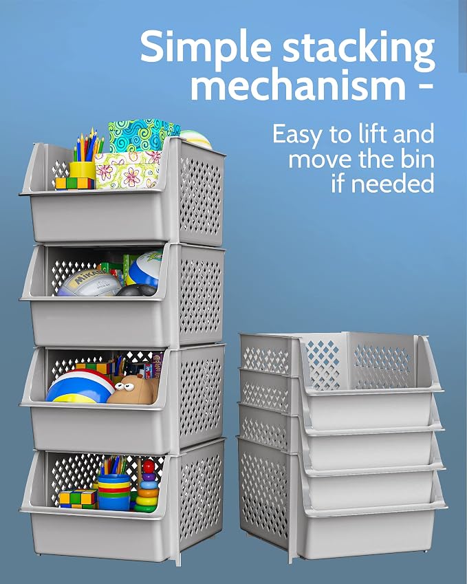 Stackable Storage Bins Open Front for Pantry Storage, 4 Pack - Light Grey | Sturdy Plastic, Easy Stacking, Open Front Access, Ventilated Sides, Vertical & Space Saving Pantry Organizers and Storage Bin - Image 8
