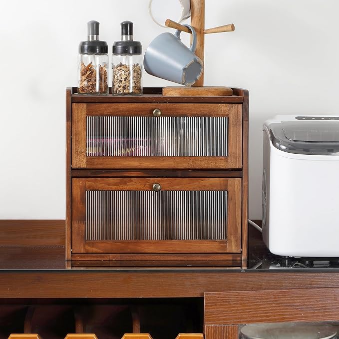 Sunhoo Bread Box for Kitchen Countertop Wooden Bread Storage Container Bin 2 Layer Breadbox Holder Large Capacity Keeper Vintage Farmhouse Food Organizer Pantry Shelf Acrylic Window (Brown) - Image 8