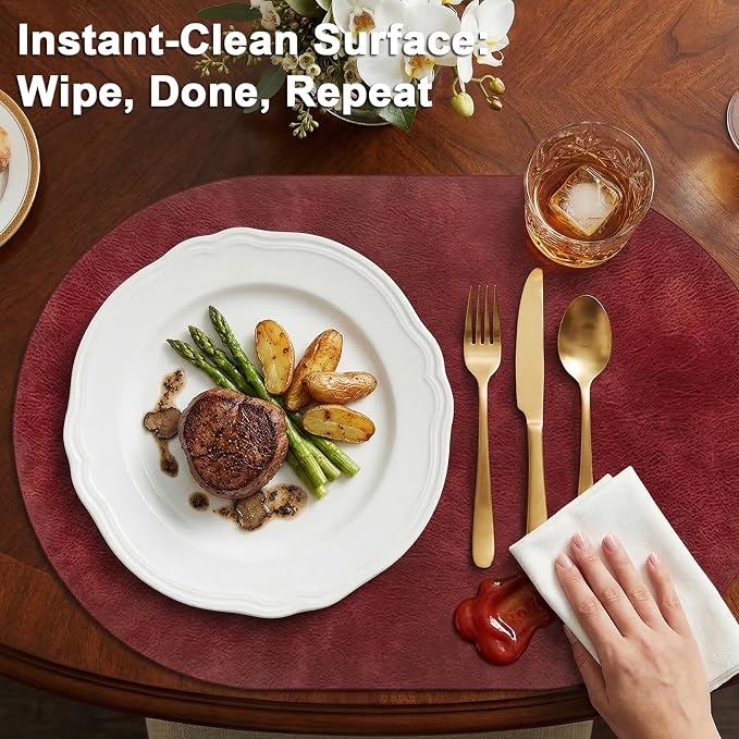 Placemats, Oval Placemats 2mm Ultra Thick Faux Leather Table Mats, Heat Resistant Waterproof Wipeable Dining Mats for Kitchen Table, Set of 12, Wine Red - Image 4