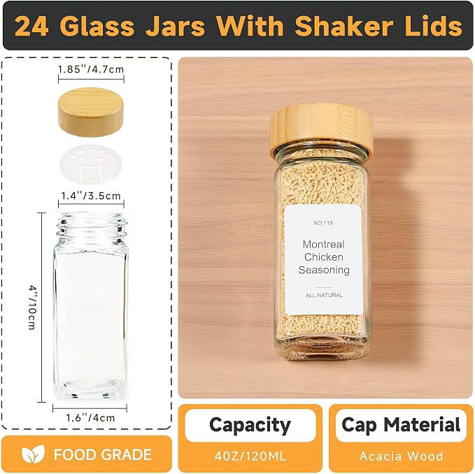 Bamboo Magnetic Spice Rack for Refrigerator, Space Saving Complete Set with 24 Bamboo Lid Glass Jars, 216 Waterproof Labels & Steel Funnel, Fridge Spice Organizer, 11.6" W x 2.4" D x 3.2" H - Image 3