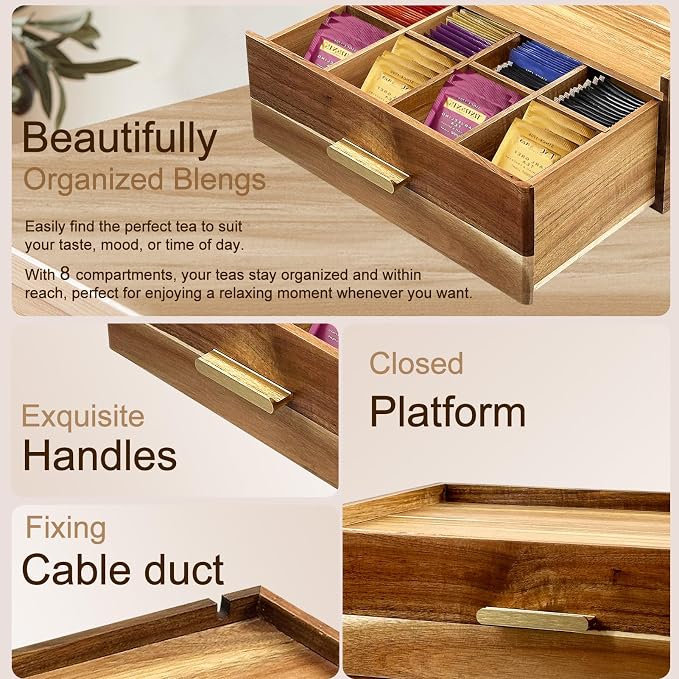 Thick&Thin Acacia Wood Tea Bag Organizer, Tea Organizers and Storage Box With Removable Divider Drawer, Tea Bag Holder Station Caddy Container for Countertop, Tea Accessories Gift Box (1Pcs) - Image 4