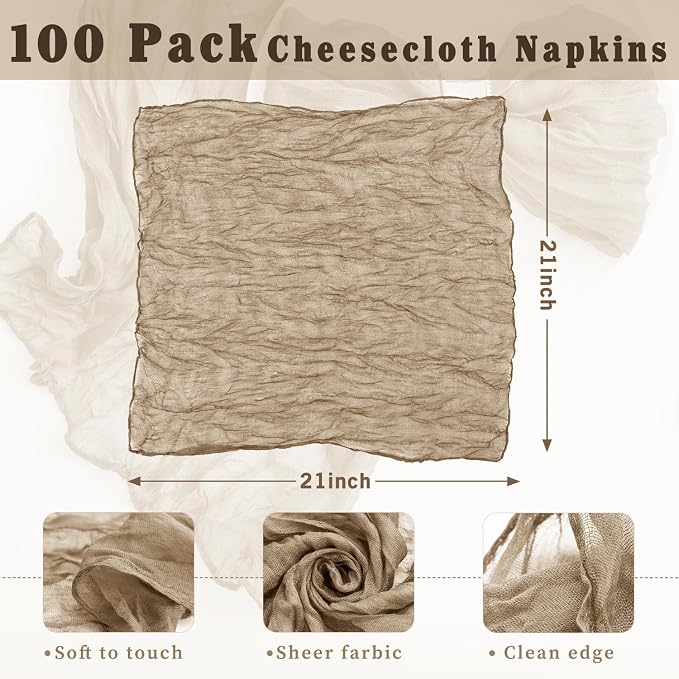 100 Pack Sand Cheesecloth Napkins 21x21 Inches Sand Cloth Napkins Set of 100 Washable Dinner Table Napkins for Wedding Rustic Boho Cotton Gauze Party Bridal Baby Shower Family Gathering Table Decor - Image 3