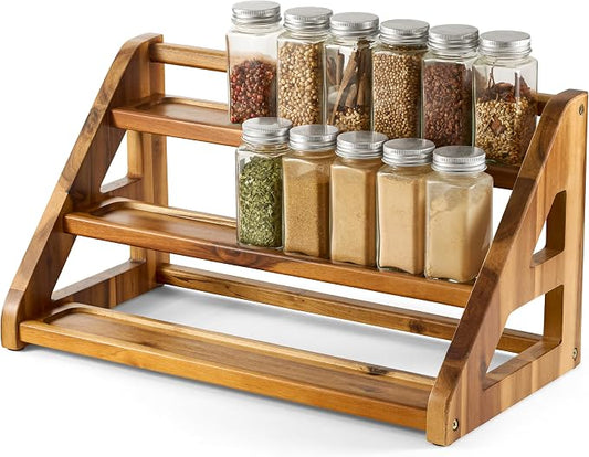 Tinamo Acacia Wood Spice Rack for Countertop - Wooden Tray Holds 24 Jars Spice Racks Organizer for Storage Shelf - 3 Tiered Spice Rack Organizer for Cabinet - Spice Shelf for Kitchen Pantry (Acacia) | Acacia Wood, 3-tier Spacious Design for 24 Spice Ja... by TINAMO