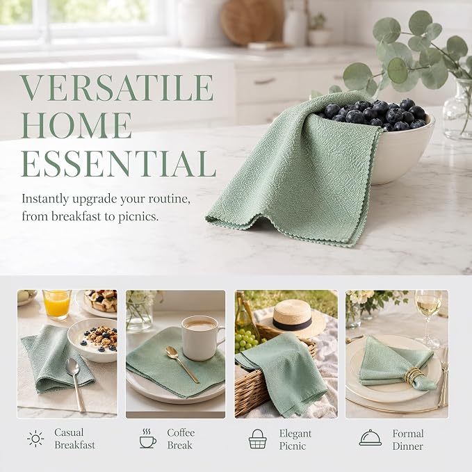17x17 Solid Green Linen Napkins Set of 12 Washable Holiday Table | Need festive table decor? This 12-pack of green cloth napkins is perfect for adding rustic charm to holiday dinners. - Image 3