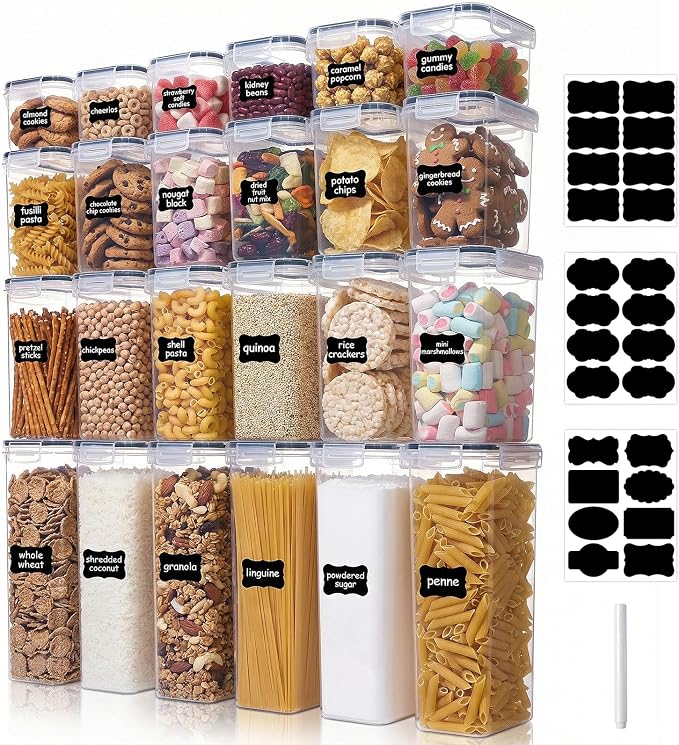 48PCS Airtight Plastic Food Containers with Lids(24 Lids &24 Containers) | 24 Labels & Marker, Stackable and reusable cereal containers storage, for flour, dry food canisters and pantry organization by HOSOKA