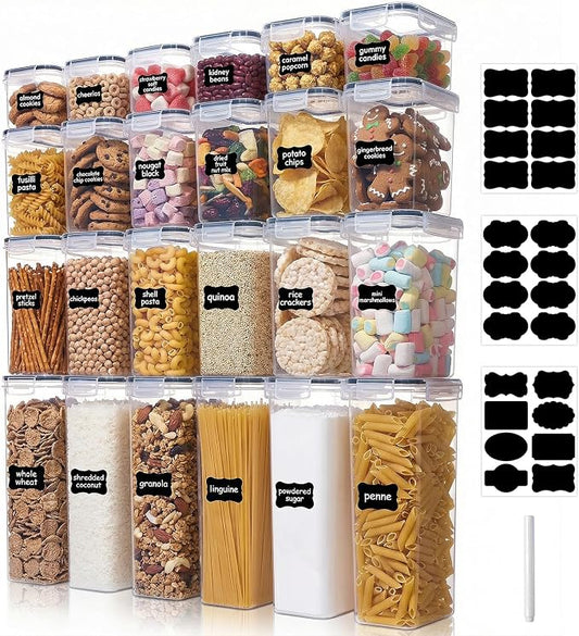 48PCS Airtight Plastic Food Containers with Lids(24 Lids &24 Containers) | 24 Labels & Marker, Stackable and reusable cereal containers storage, for flour, dry food canisters and pantry organization by HOSOKA