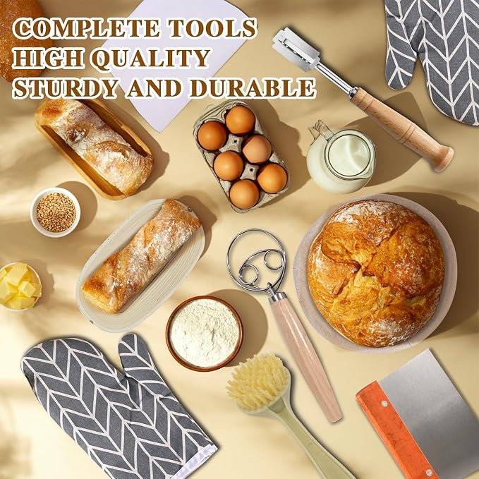 Sourdough Starter Kit Banneton Bread Proofing Basket Baking Set Gift with Heat-Resistant Gloves,Sourdough Baskets Sourdough Tools, Includes 9-inch Round and 10-inch Oval Bread Making Tools - Image 5