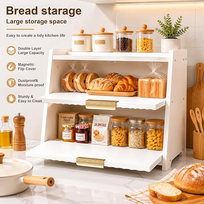 Large Bread Box, White, Double Layer Wooden | Top Shelf, Countertop Organizer Cabinet, For Bread & Coffee Station, Kitchen Essentials Storage - Image 3