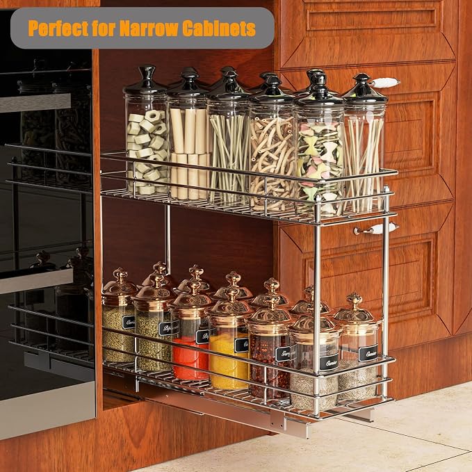 ROOMTEC Pull Out Cabinet Organizer for Narrow Cabinet (5" W X 21" D), Kitchen Cabinet Organizer and Storage 2-Tier Cabinet Pull Out Shelves Under Cabinet Storage for Kitchen, Chrome - Image 2