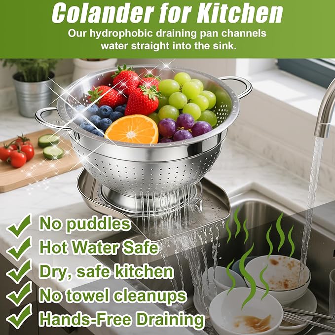 Palksky Stainless Steel Colander Set with Handles & Self-Draining Base, 3 Sizes (7”, 9”, 11”), Heavy Duty Pasta Strainer, Rice & Vegetable Strainer, Countertop Draining System - Image 4