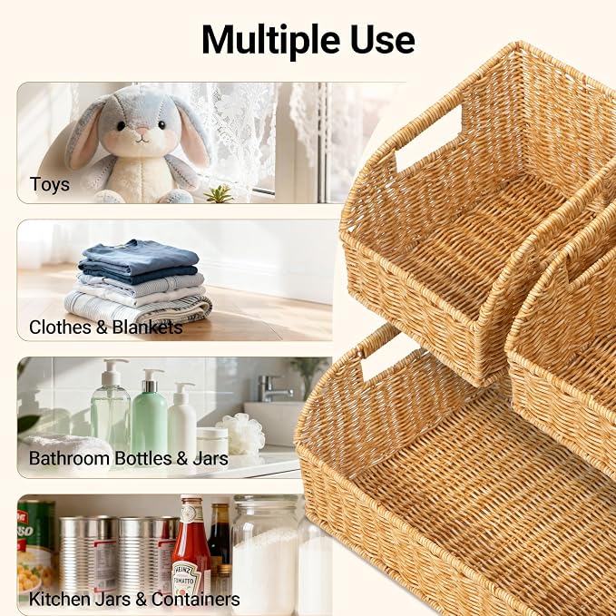 Brownlily Faux Wicker Pantry Storage Baskets, Natural-Double Set (6-Piece) | Handwoven Baskets for Organizing with Built-in Handles, All-Purpose Storage Baskets with Chalkboard for Shelves,Laundry Room - Image 4