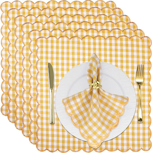 SmoothNovelty 12 Pack Buffalo Plaid Cloth Napkins 18x18 Inch Checkered Cloth Napkins Scalloped Soft Cotton Table Mat Washable Reusable for Dinner Wedding Holiday Birthday Parties (Classic,Yellow) by SmoothNovelty