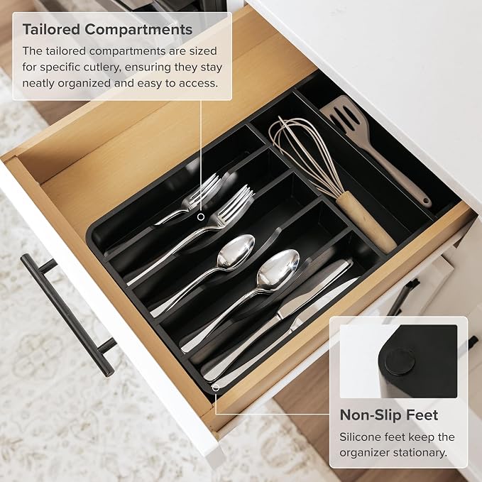 Silverware & Utensil Organizer, Fixed 10.5 in, Black | Cutlery, flatware holder, rounded corners, 7 compartments, non-slip feet, kitchen drawers - Image 6