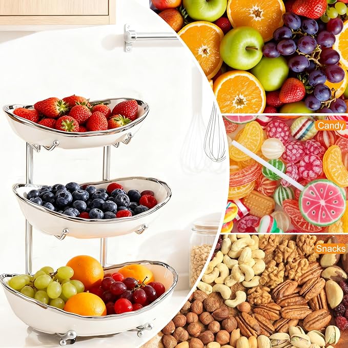 3 Tier Fruit Bowl for Kitchen Counter,Ceramic Bowl with Metal Stand,3 Tier Fruit Basket for Vegetable Bread Candy Snack Nuts Dessert Cake Tray (White Bowl Silver Rack) - Image 3
