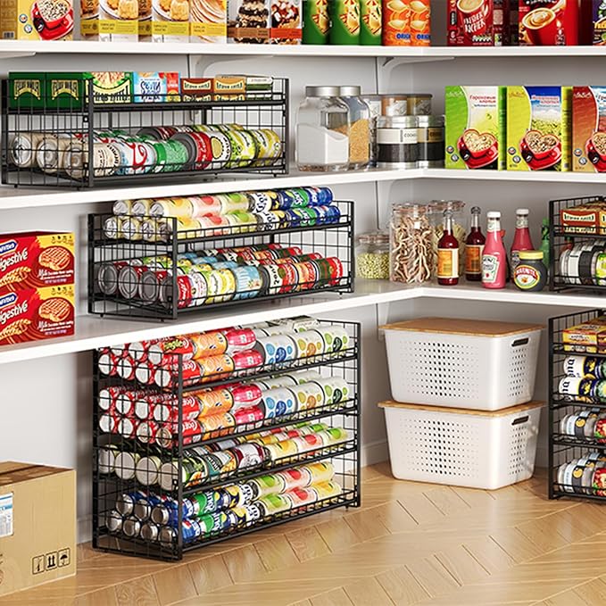 3 Tier Stackable Can Rack Organizer for Pantry Shelf, Adjustable Extra-Long Can Holder for Kitchen Storage, Sturdy Standing Rolling Can Dispenser for Canned Food Goods Drink Soup up to 96, Black - Image 4