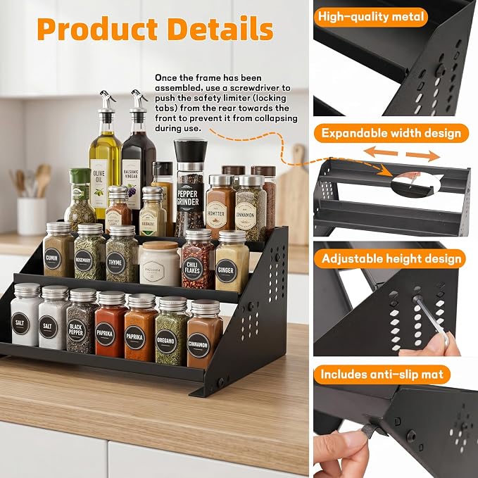 RICHMYC 3-Tier Spice Rack Organizer, 13"-22" Expandable, Height Adjustable | Metal Spice Organization for Cabinet, Kitchen Seasoning Organizer , Anti-Slip Guardrail Spice Storage for Countertop, Pantry - Image 3