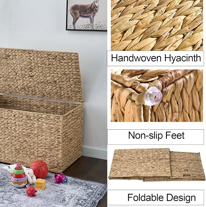 Water Hyacinth Storage Basket with Lid, 52.8 Gallon (200L) Wicker Storage Trunk with Handles, Handwoven Large Wicker Storage Basket for Blanket, Foldable, for Living Room, Bedroom, Natural - Image 4