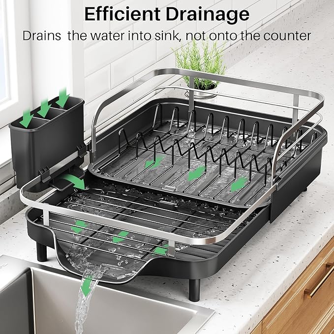 SNTD Expandable Dish Drying Rack for Kitchen Counter, 15.2-22.1 in, Black | Rust-Resistant Stainless Steel, Protective Side Rails, Self-Draining Drainboard, Removable Utensil Holder - Image 4