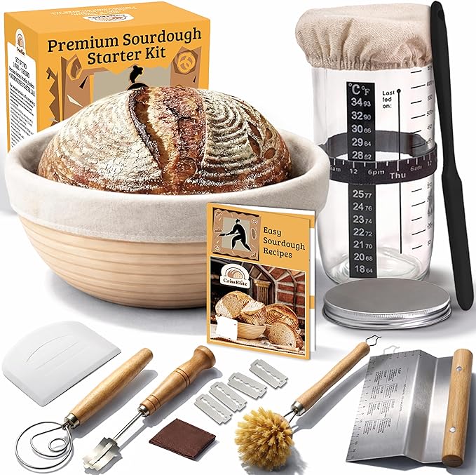 Sourdough Starter Kit for Beginners – 9” Banneton Bread Proofing Basket with 24oz Glass Sourdough Starter Jar & Sourdough Bread Baking Supplies, Easy No-Fail Kit, Gift for Home Bakers by SourdoughToolsBannetonsSourdoughStarterJar