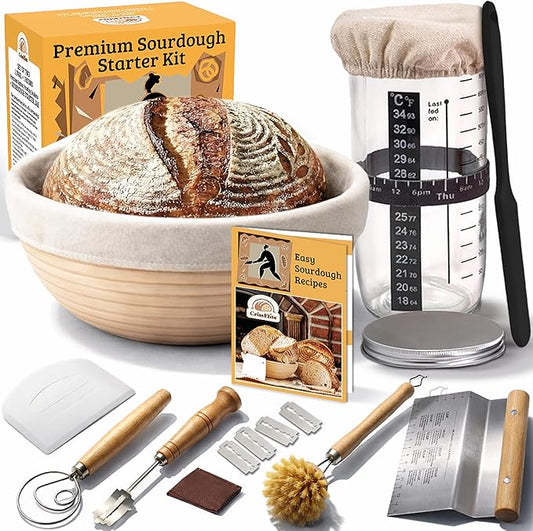 Sourdough Starter Kit for Beginners – 9” Banneton Bread Proofing Basket with 24oz Glass Sourdough Starter Jar & Sourdough Bread Baking Supplies, Easy No-Fail Kit, Gift for Home Bakers by SourdoughToolsBannetonsSourdoughStarterJar