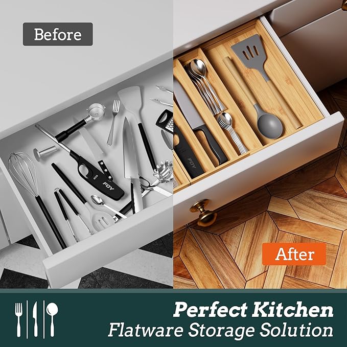 Bamboo Expandable Silverware Drawer Organizer, 11 Slots Utensil Holder | Magnetic Splice Design, Expandable 21-37.4 Inch, 11 Slots, Natural Bamboo, Large Capacity Kitchen Utensil Storage - Image 7