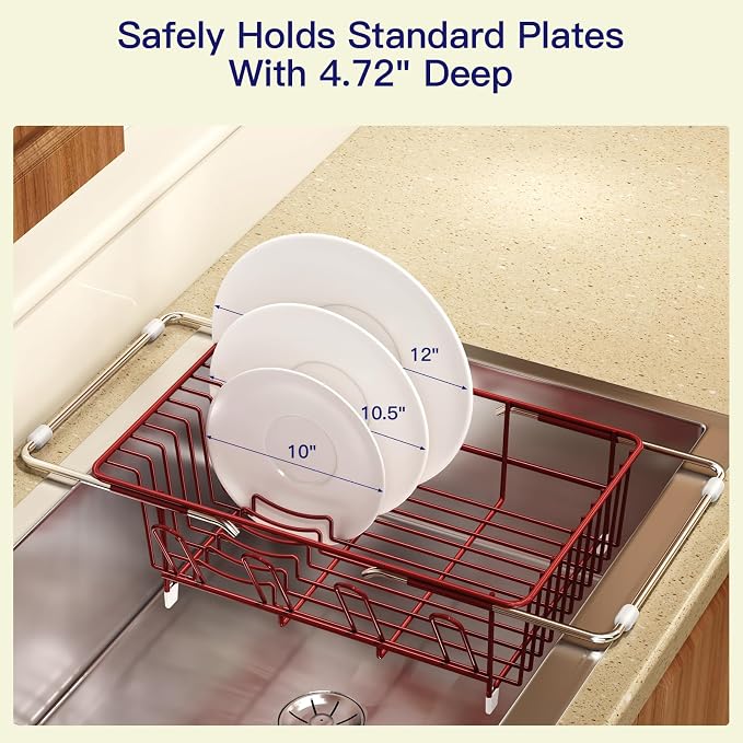 Red Dish Drying Rack Over The Sink with Utensil Holder, Mat | Expandable Stainless Steel Dish Drainer for Small Kitchen, Apartment, RV, Counter Space Saving, Perfect Fit, Rustproof - Image 8