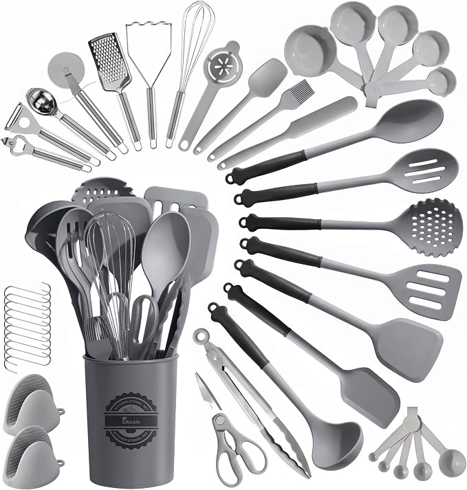 Kikcoin 43 PCS Silicone Kitchen Utensils Set, Dishwasher Safe Kitchen Cooking Utensils Set, 446°F Spatulas Silicone Heat Resistant, Non Toxic Silicone Utensils Set With Two-Tone Grip Handles, Gray by Kikcoin