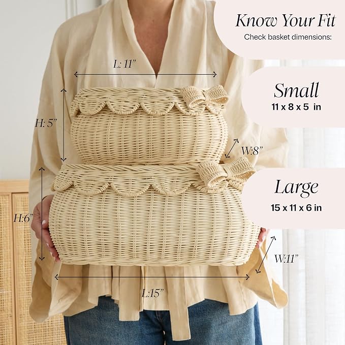 BEBE BASK Original Scalloped Bow Basket with Lid - Set of 2 (15x11x6 In) | Award Winner, Handwoven Rattan, Scalloped Wicker Basket, Woven Baskets for Storage, Nursery Storage, Scallop Basket (Bow) - Image 4
