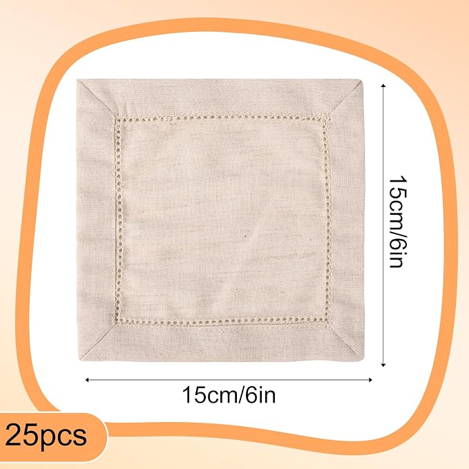 25pcs Linen Cocktail Napkins, 15x15cm/6x6in Reusable Square Cocktail Napkins Suitable for Wedding Birthday Baby Shower Party Home Bar Supplies (Linen Color) - Image 2